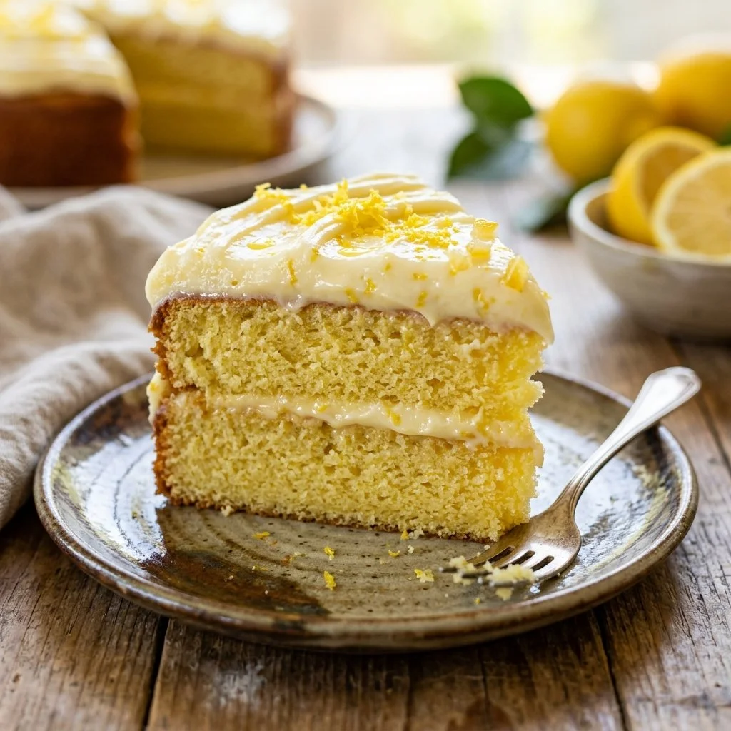 Deliciously moist Lemon Velvet Cake topped with creamy frosting.