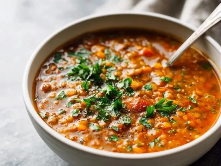 Bowl of classic hearty lentil soup garnished with herbs