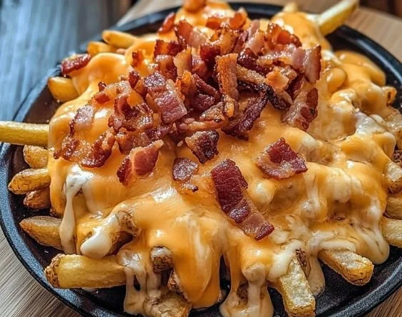 Loaded bacon cheese fries topped with crispy bacon and melted cheese