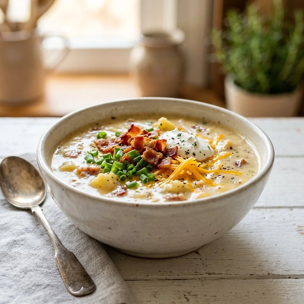 Bowl of loaded baked potato soup topped with cheese and chives