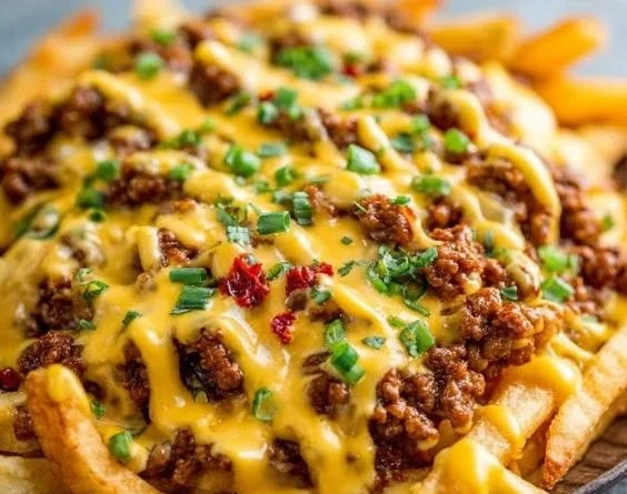 Delicious loaded chili cheese fries topped with melted cheese and hearty chili