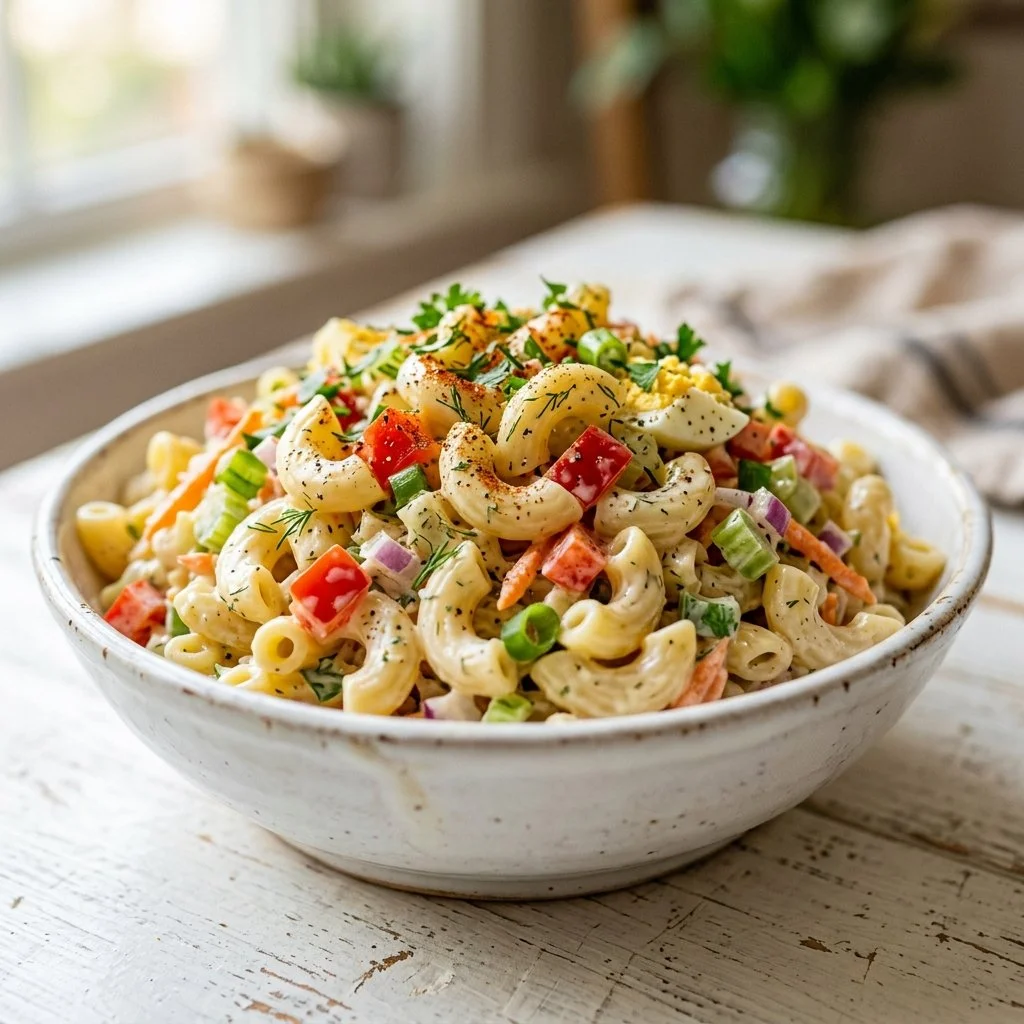 Bowl of creamy macaroni salad with colorful veggies and dressing