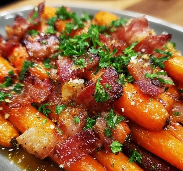 Maple bacon glazed carrots served on a plate, showcasing their shiny coating.