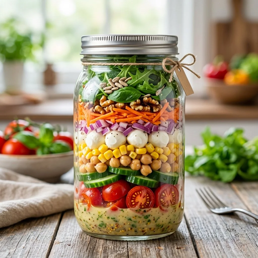 Colorful Mason Jar Salad with fresh vegetables and dressing layered for meal prep.