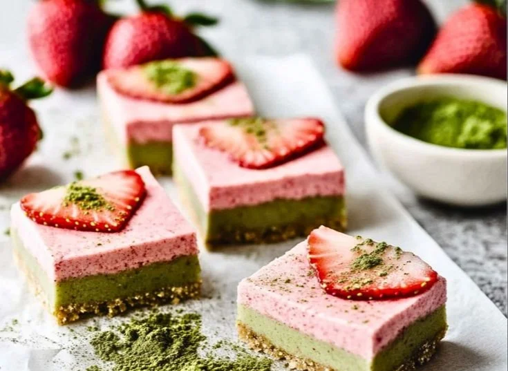 Deliciously layered Matcha Strawberry Cream Bars on a plate