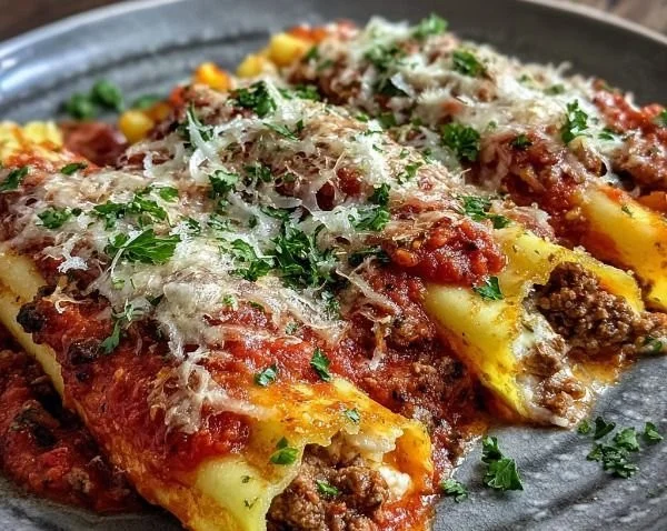 Delicious meat sauce stuffed manicotti on a plate, garnished with parsley.