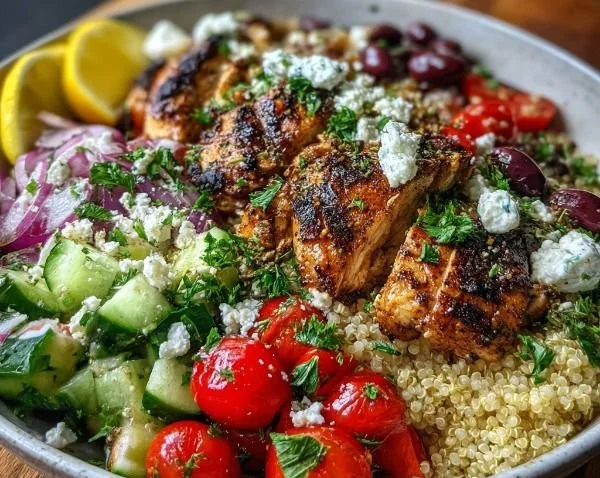 Mediterranean Chicken Bowl filled with high-protein ingredients