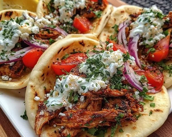 Mediterranean chicken gyros served with creamy feta tzatziki sauce