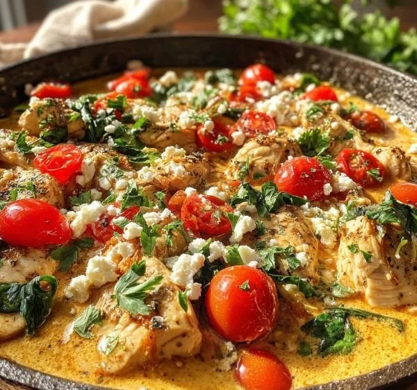 Delicious Mediterranean chicken skillet with colorful vegetables and herbs.