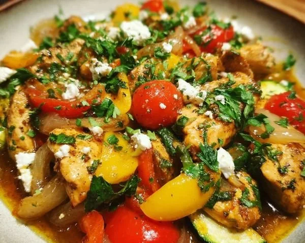 Dish of Mediterranean Chicken Stir Fry with colorful vegetables and spices