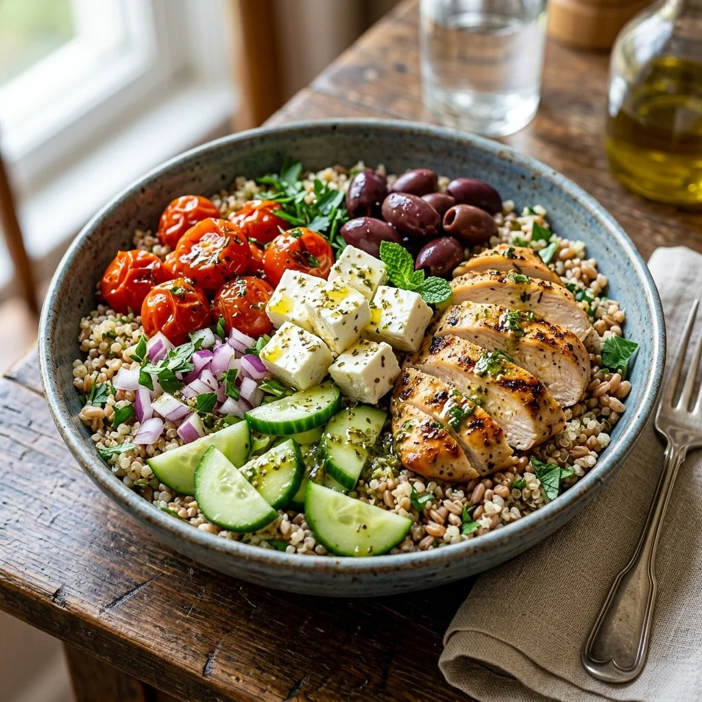 Colorful Mediterranean Grain Bowl with grains, vegetables, and dressing