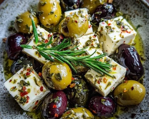 Mediterranean olive and feta appetizer served on a platter