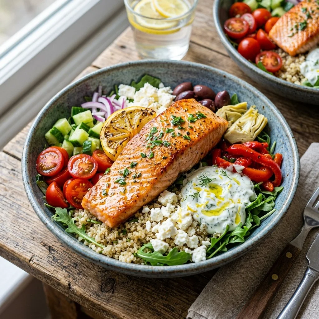 Mediterranean salmon bowls with vegetables and grains in a colorful presentation