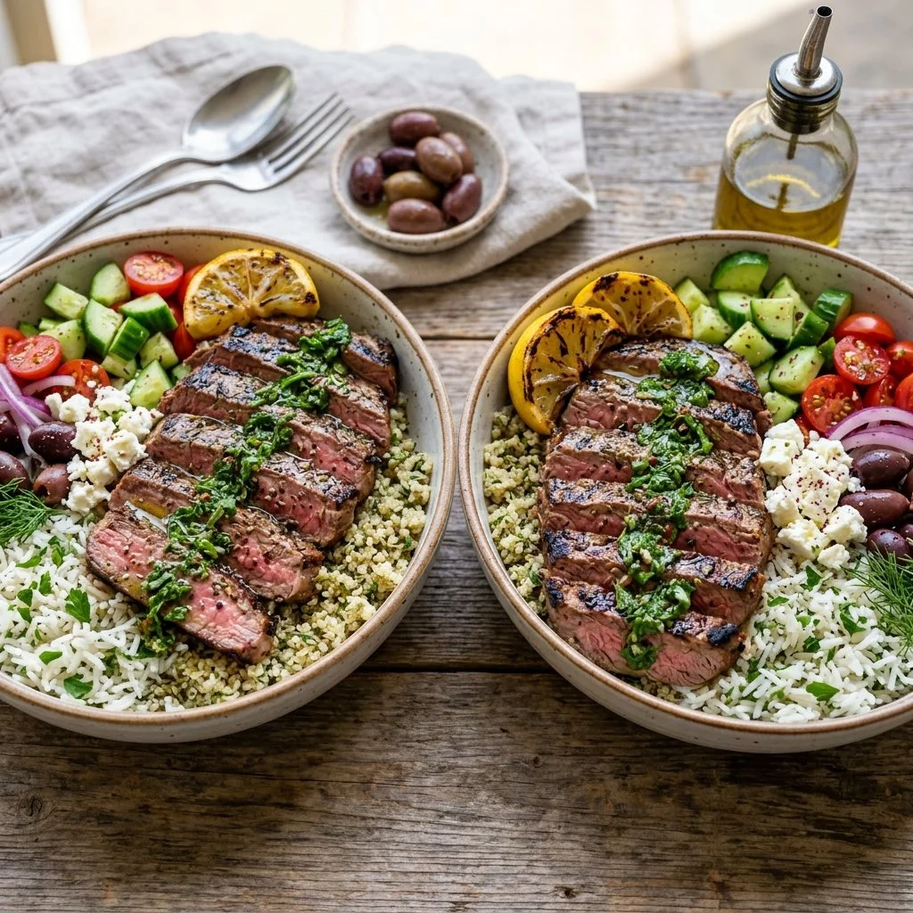 Mediterranean Steak Bowls with grilled steak, vegetables, and herbs