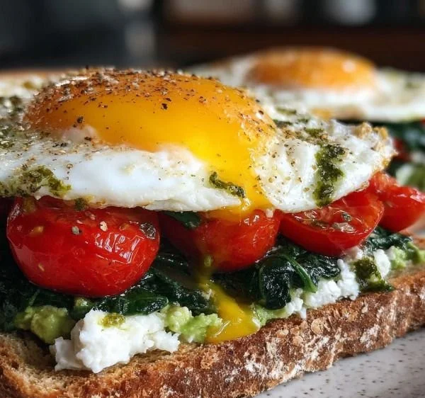 Mediterranean-style breakfast sandwich with feta, tomatoes, and spinach