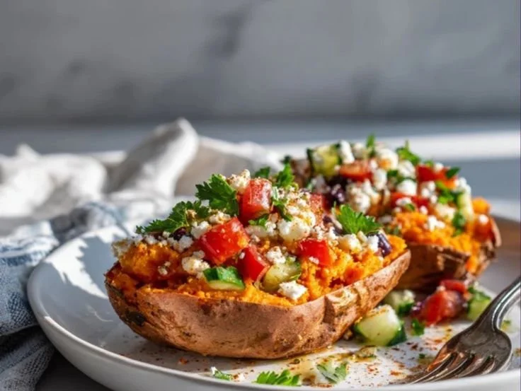 Mediterranean-style stuffed sweet potatoes with vibrant toppings and herbs