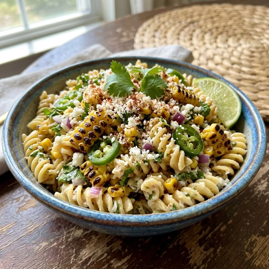 Bowl of Mexican street corn pasta salad garnished with cilantro and lime