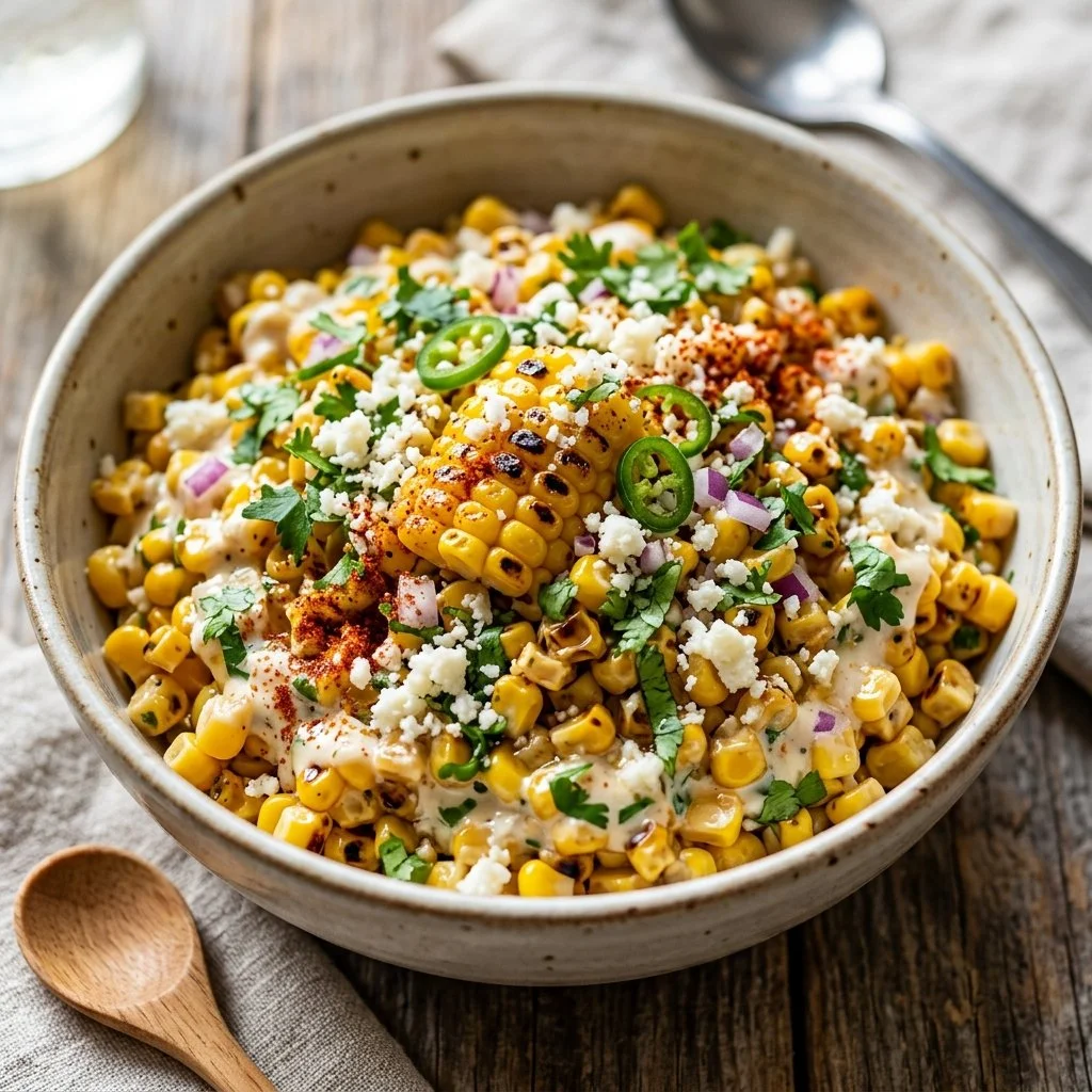 Delicious Mexican street corn salad with fresh ingredients and spices.