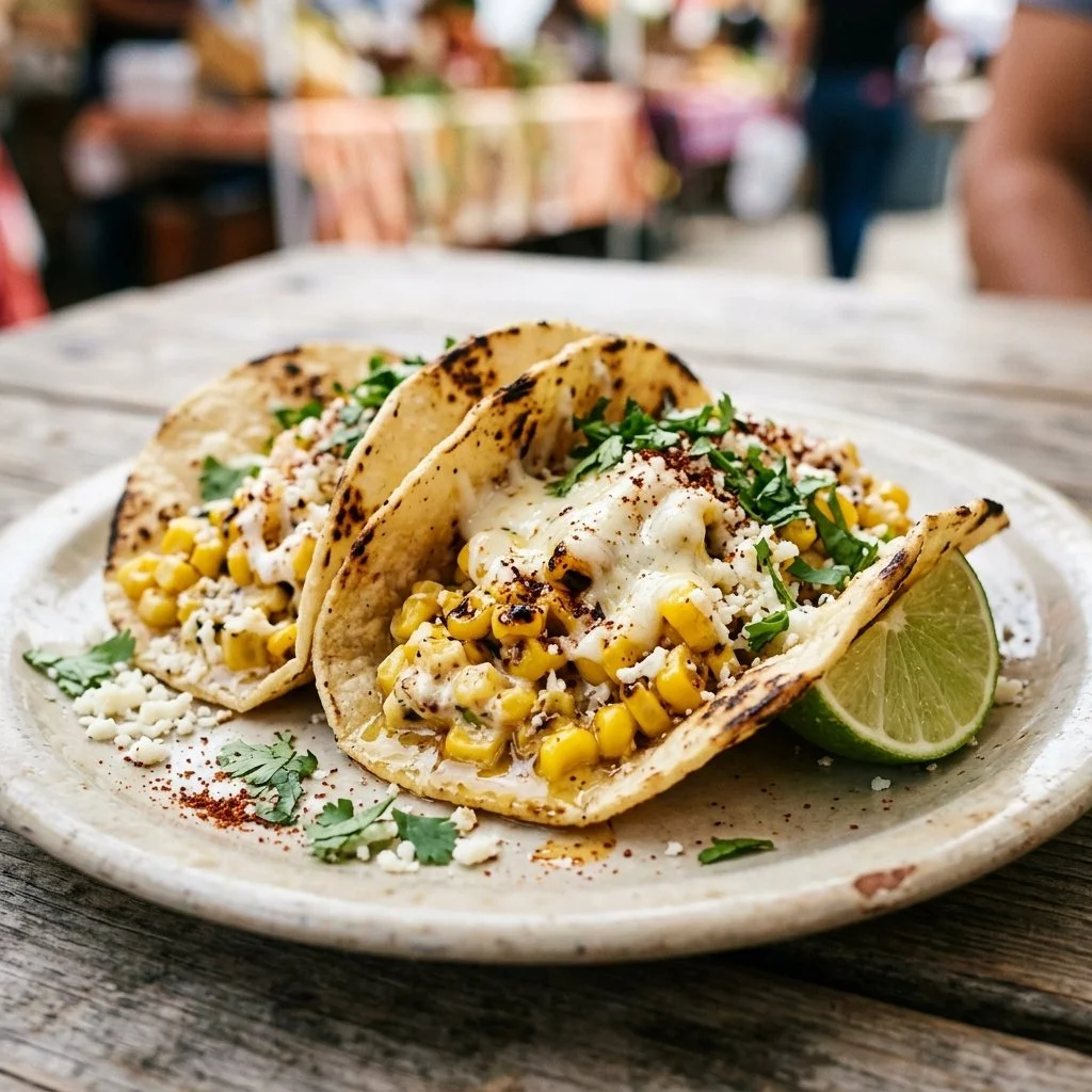 Delicious Mexican street corn tacos topped with creamy sauce and cilantro
