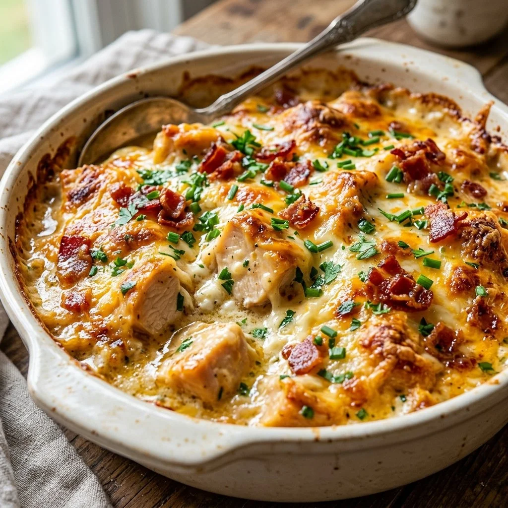 Delicious Million Dollar Chicken Bake topped with cheese and herbs.