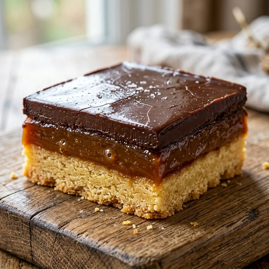 Delicious Millionaire Shortbread dessert with layers of chocolate and caramel