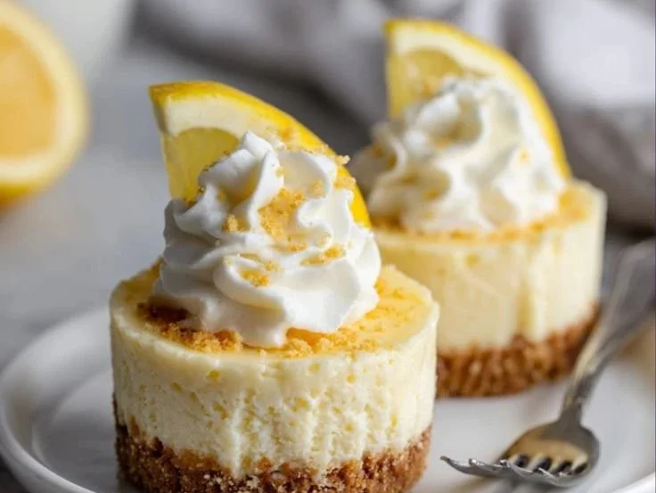 Mini lemon cheesecakes topped with fresh lemon zest and berries