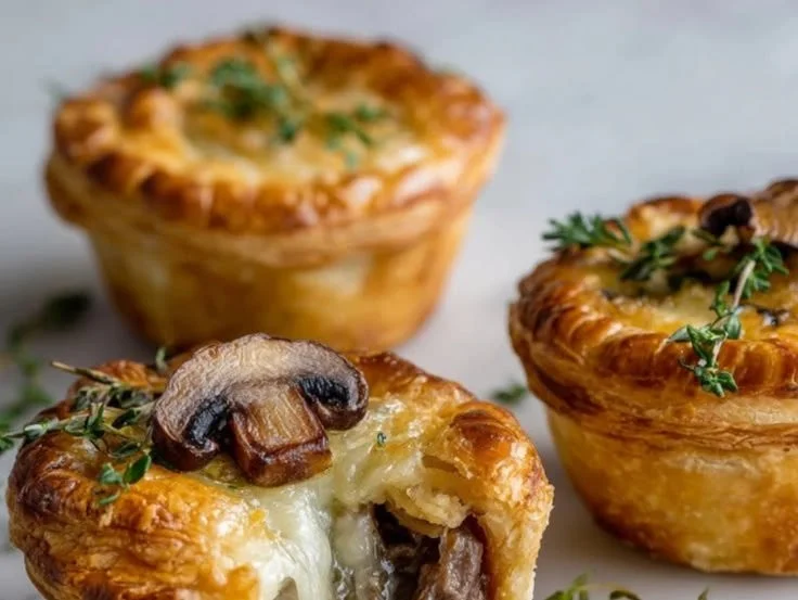 Mini steak and mushroom pies served on a plate with garnish.