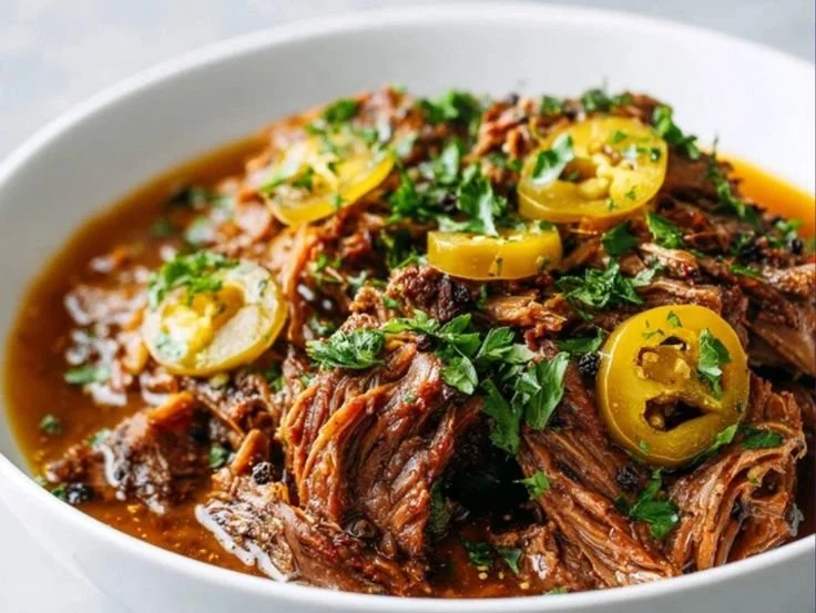 Delicious Mississippi Pot Roast, slow-cooked for ultimate tenderness and flavor.