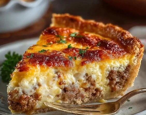 Monterey Sausage Pie served on a plate with herbs and spices