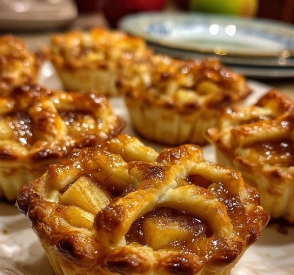 Muffin tin mini apple pies on a wooden table