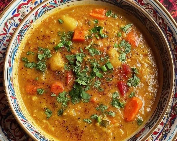 Bowl of spicy Mulligatawny Soup garnished with herbs and spices