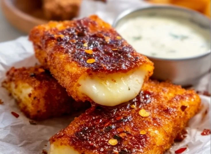 Nashville-style spicy mozzarella sticks with a crispy coating and spicy flavor