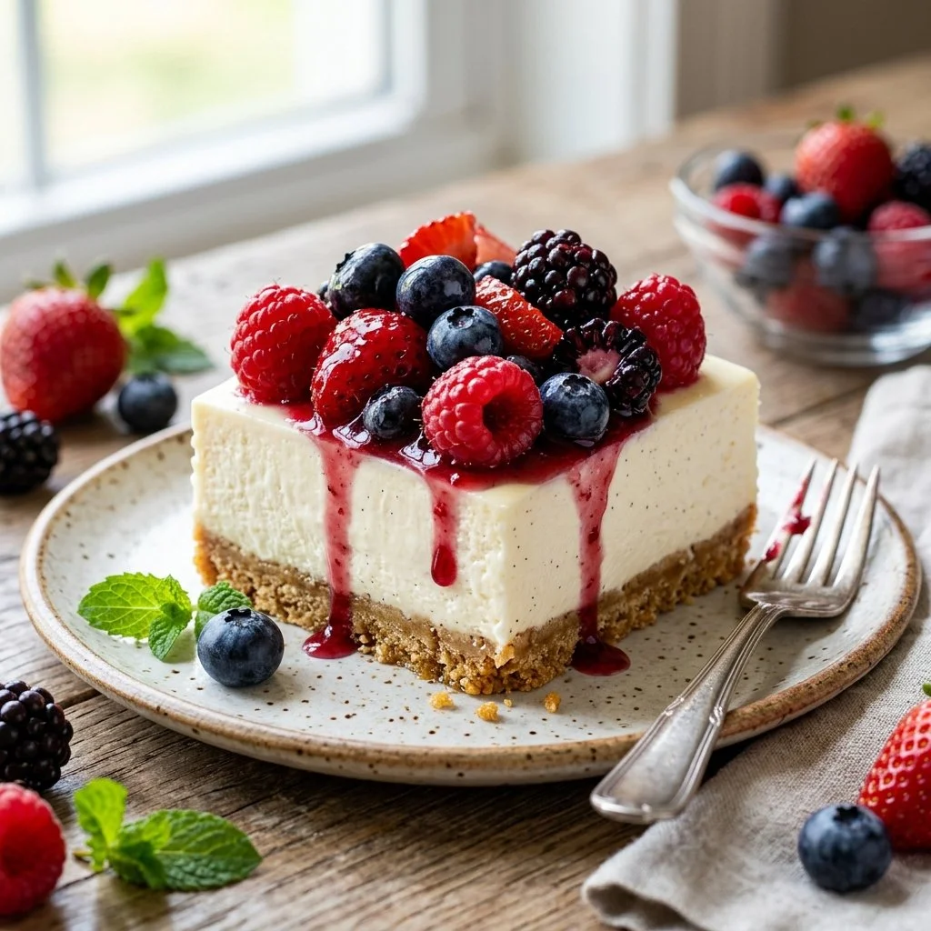 Delicious no-bake berry cheesecake topped with fresh berries