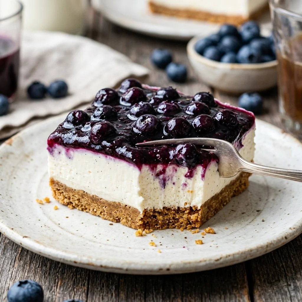 No-Bake Blueberry Cheesecake Bars topped with fresh blueberries and whipped cream