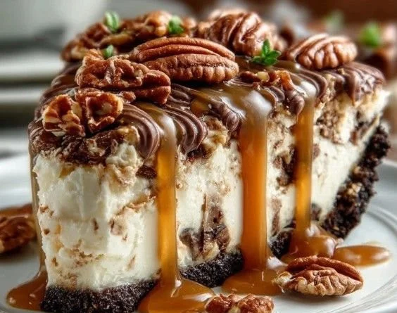 No-bake caramel turtle cheesecake topped with caramel and chocolate