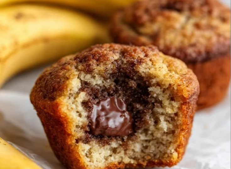 Freshly baked Nutella Banana Muffins with chocolate and banana flavor