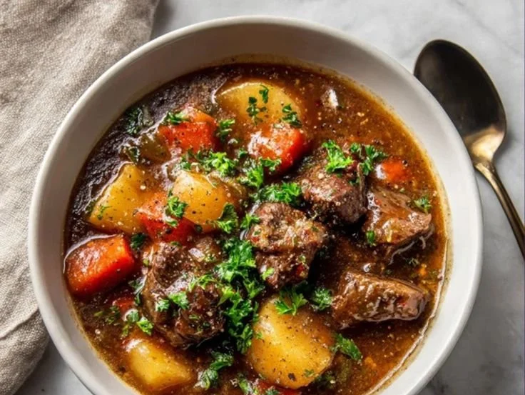 Hearty old-fashioned beef stew with vegetables and herbs in a bowl