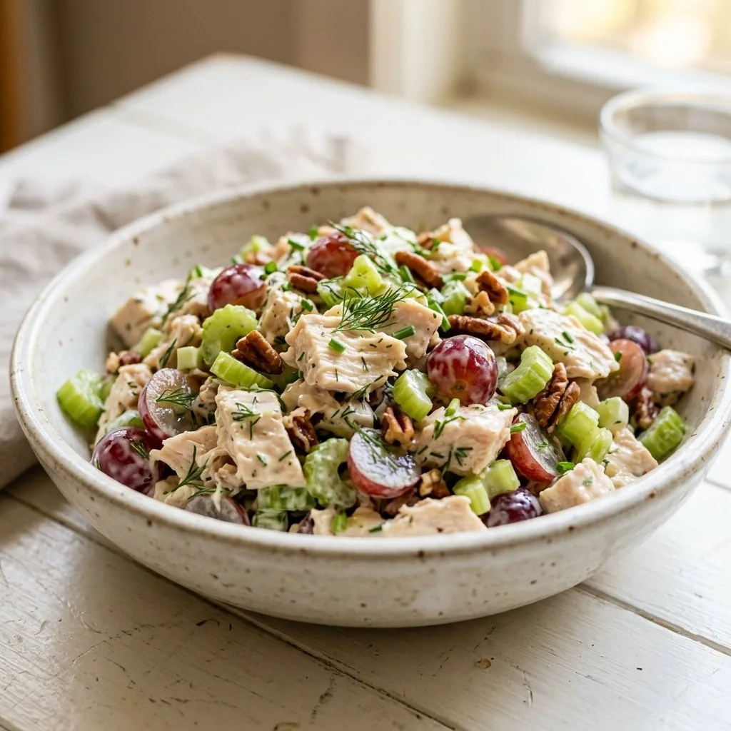 Bowl of old-fashioned chicken salad with fresh vegetables and herbs
