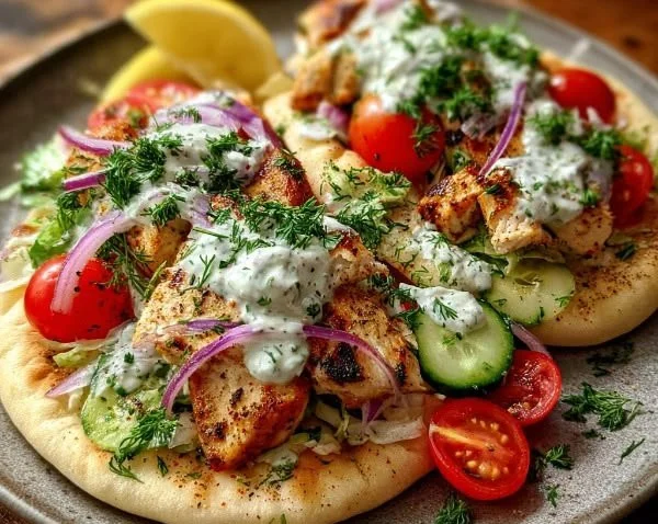 One-Pan Chicken Pitas with Herbed Ranch served on a plate