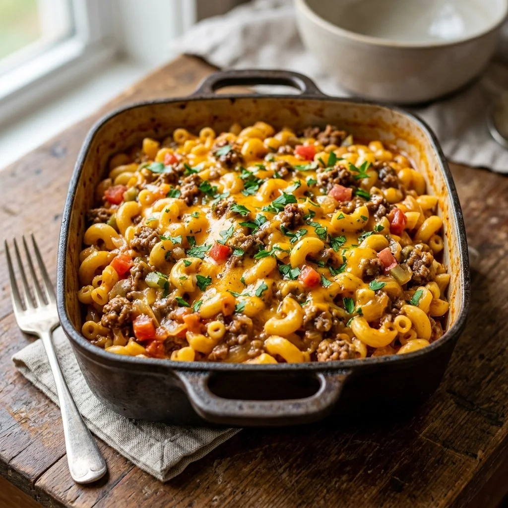 One pot cheeseburger pasta cooked with ground beef, cheese, and pasta.