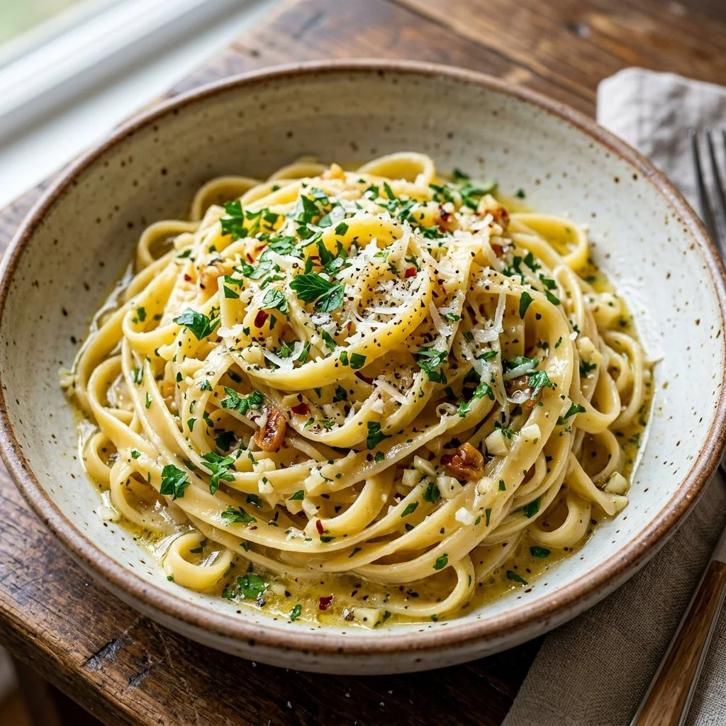 Delicious one pot garlic butter pasta with herbs and parmesan cheese