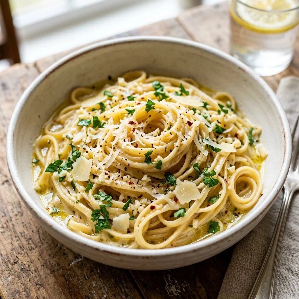 Delicious one pot garlic parmesan pasta ready to serve