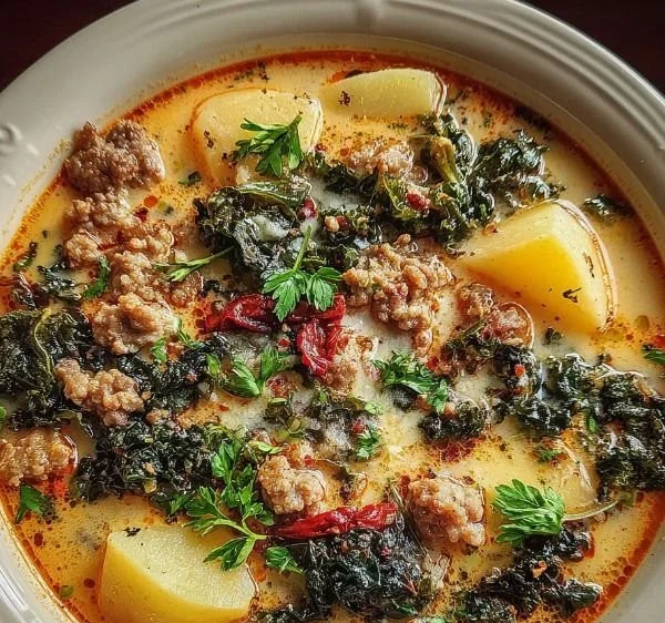 Hearty one-pot Zuppa Toscana soup with kale, sausage, and potatoes.