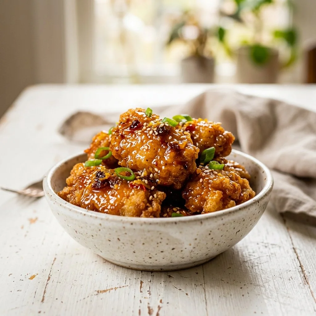 Delicious orange chicken served with rice and vegetables