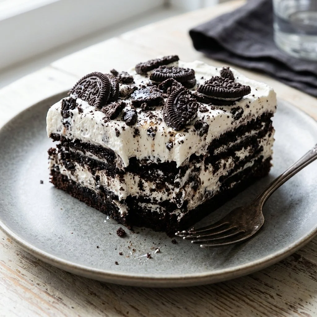 Delicious Oreo Icebox Cake layered with cream and cookie crumbles