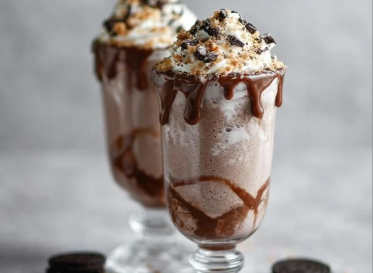 Delicious Oreo vanilla cream milkshake topped with whipped cream and Oreo crumbs