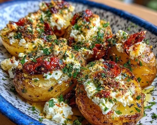 Oven-baked feta cheese served with roasted potatoes on a plate