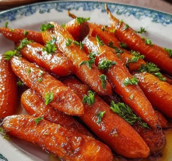 Oven-roasted carrots with brown sugar glaze on a white plate
