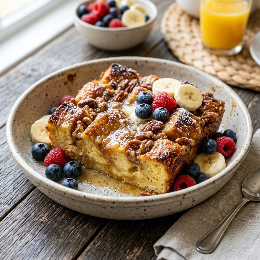 Overnight French Toast Casserole ready for serving with syrup and fruit
