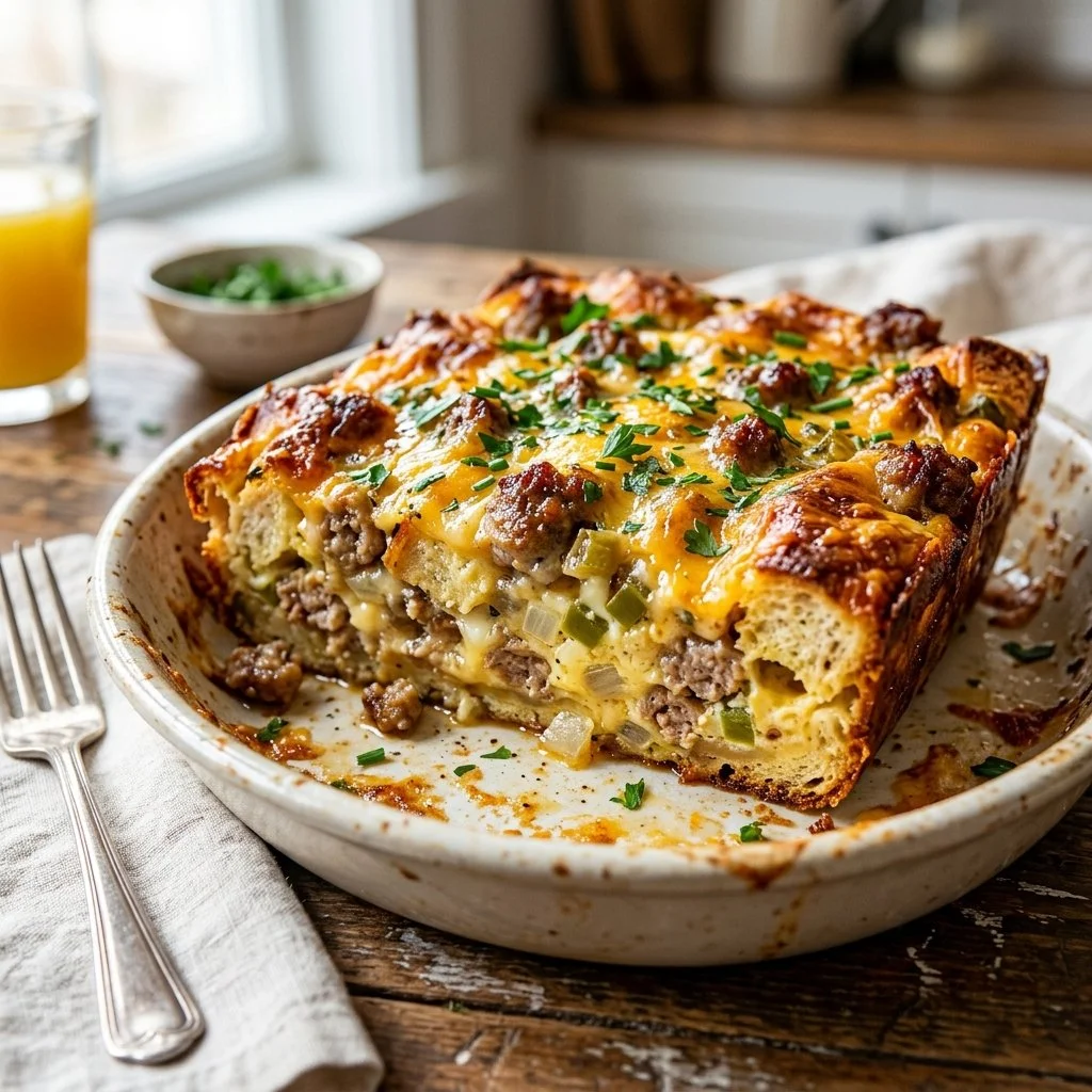 Delicious overnight sausage egg casserole baked with eggs and sausage.